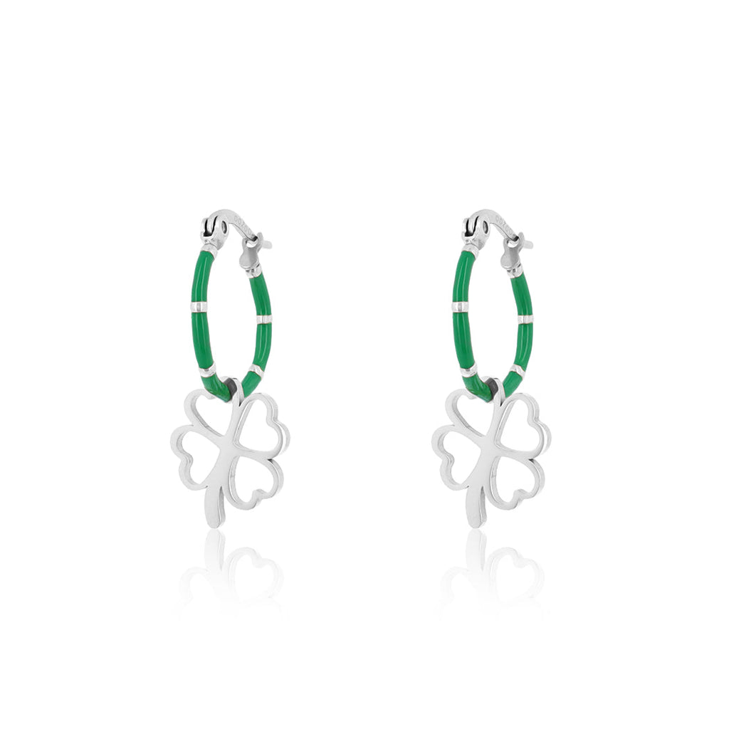 Silver hoop earrings with clover charm