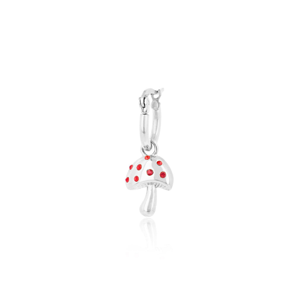 Silver hoop earring with mushroom charm