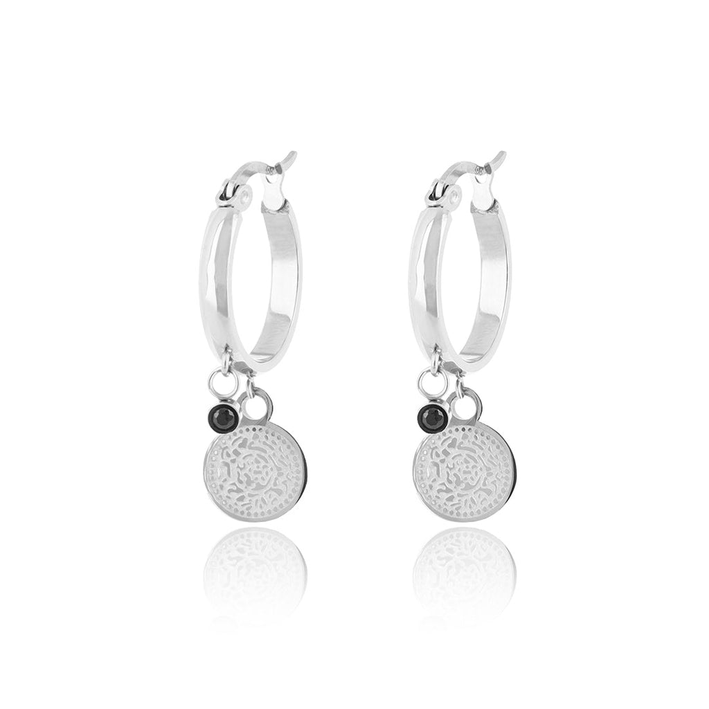 Silver hoop earrings with coin charm