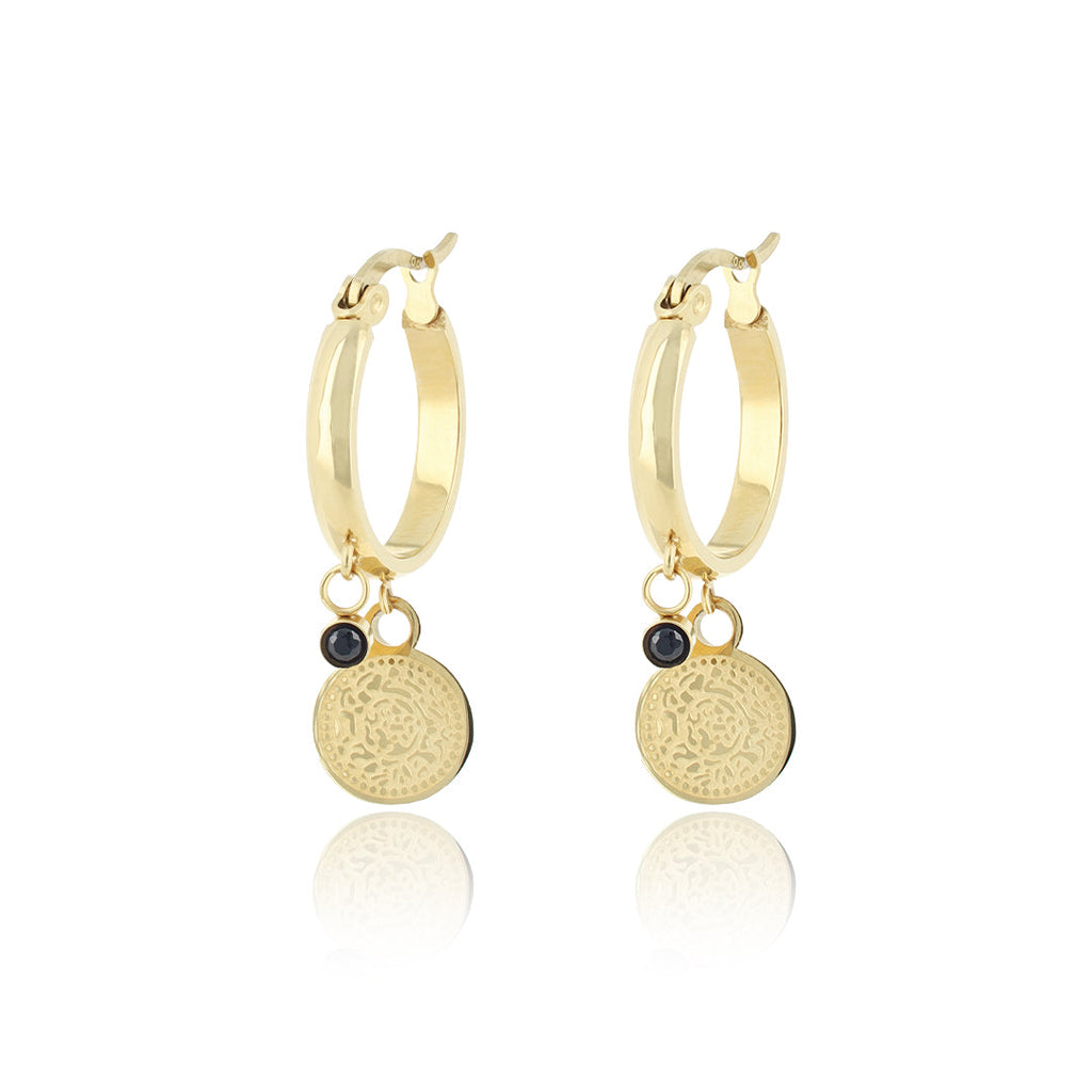 Gold hoop earrings with coin charm